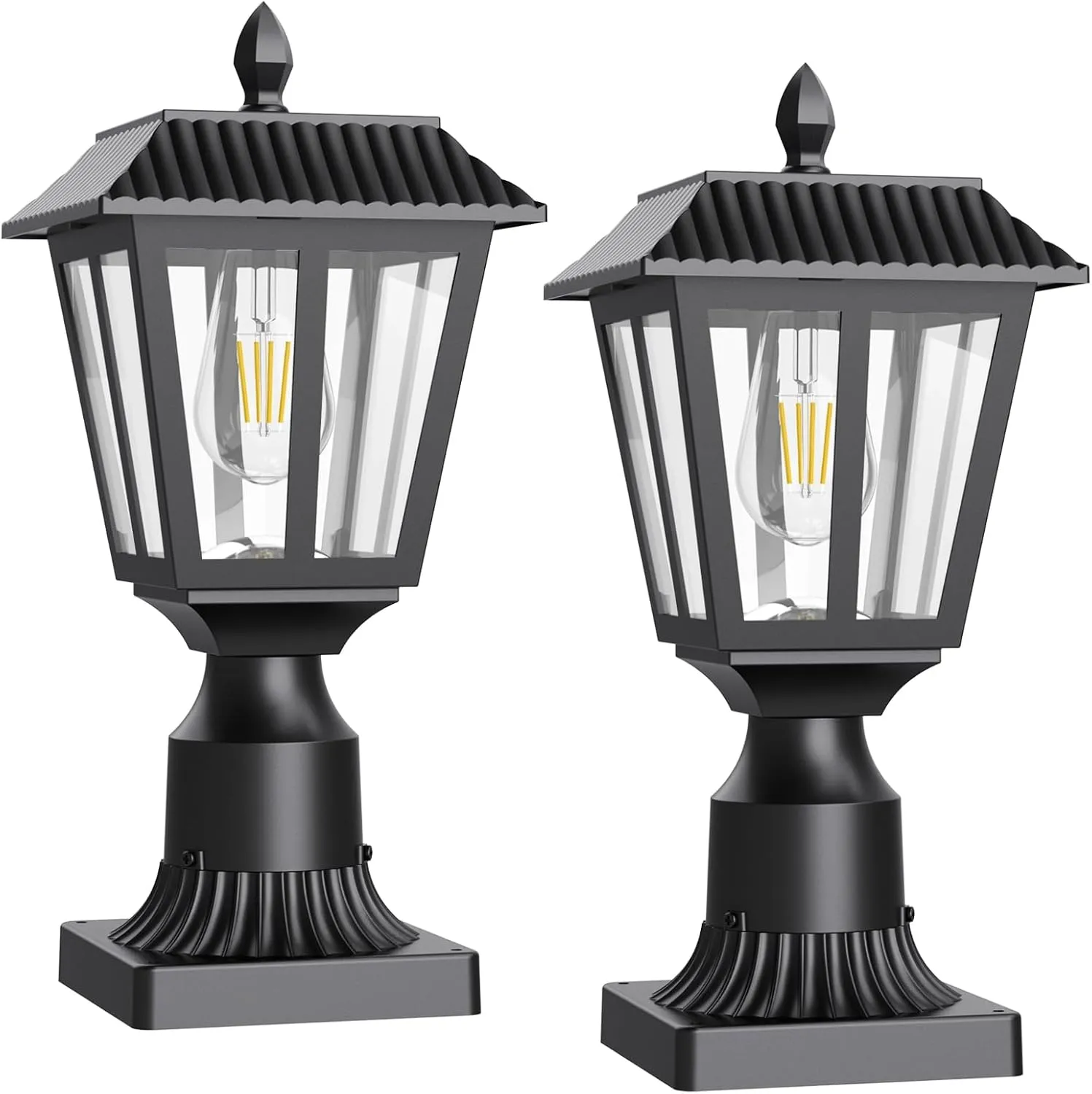 Greluna Solar Post Lamp Lights, 2 Pack 6000K Dusk to Dawn Solar Light with Pier Mount Base, Post Lights Outdoor Waterproof for Garden Yard Landscape Pole Pillar, Outside Decorative Lamp