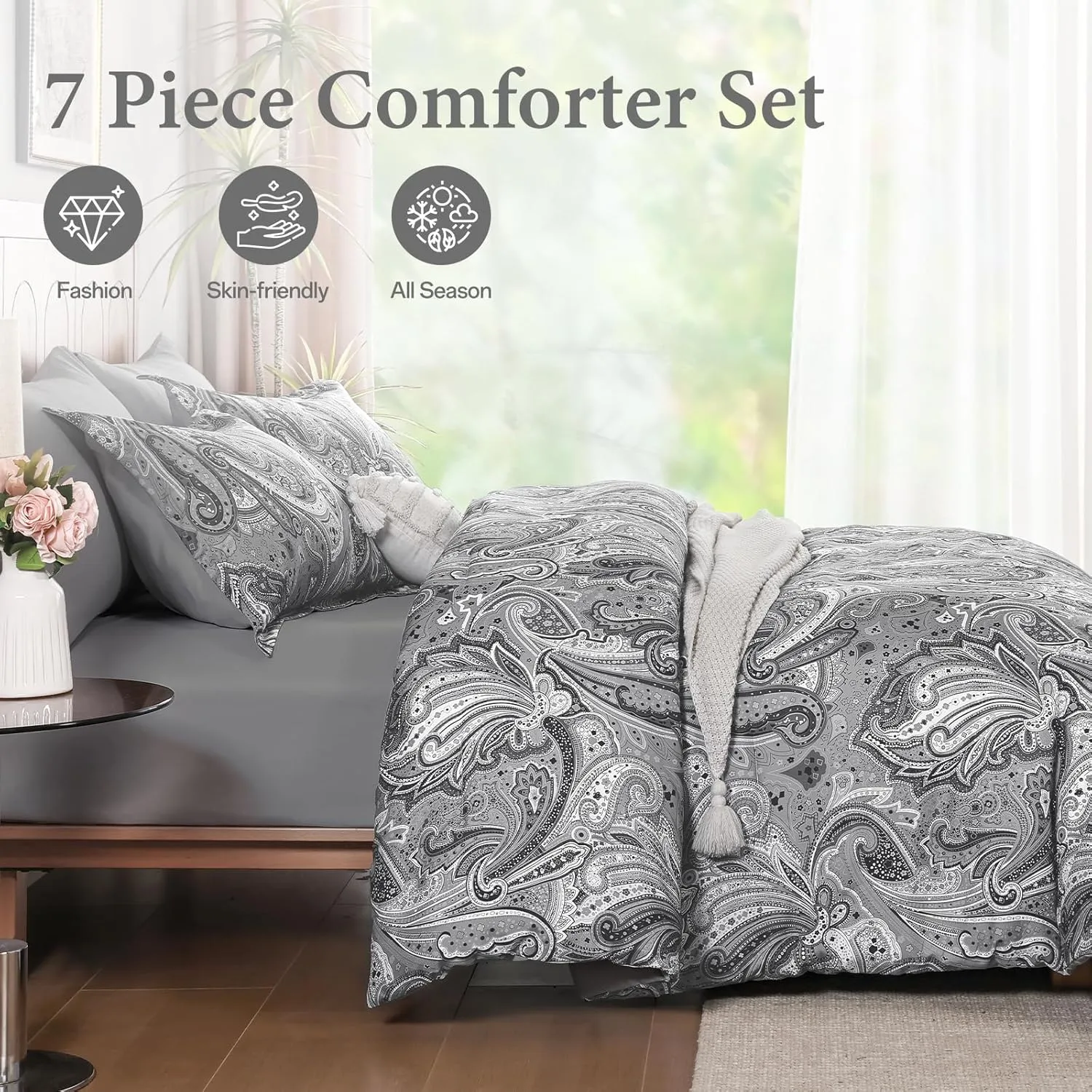 Grey Paisley Comforter Set Queen, 7 Piece Boho Paisley Dark Gray Bed in a Bag Comforter Set, Soft Microfiber Complete Bedding Set for All Season (90''x90)