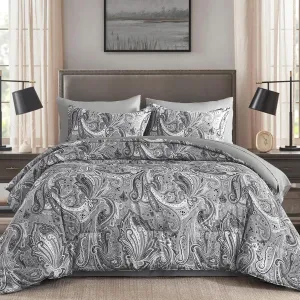 Grey Paisley Comforter Set Queen, 7 Piece Boho Paisley Dark Gray Bed in a Bag Comforter Set, Soft Microfiber Complete Bedding Set for All Season (90''x90)