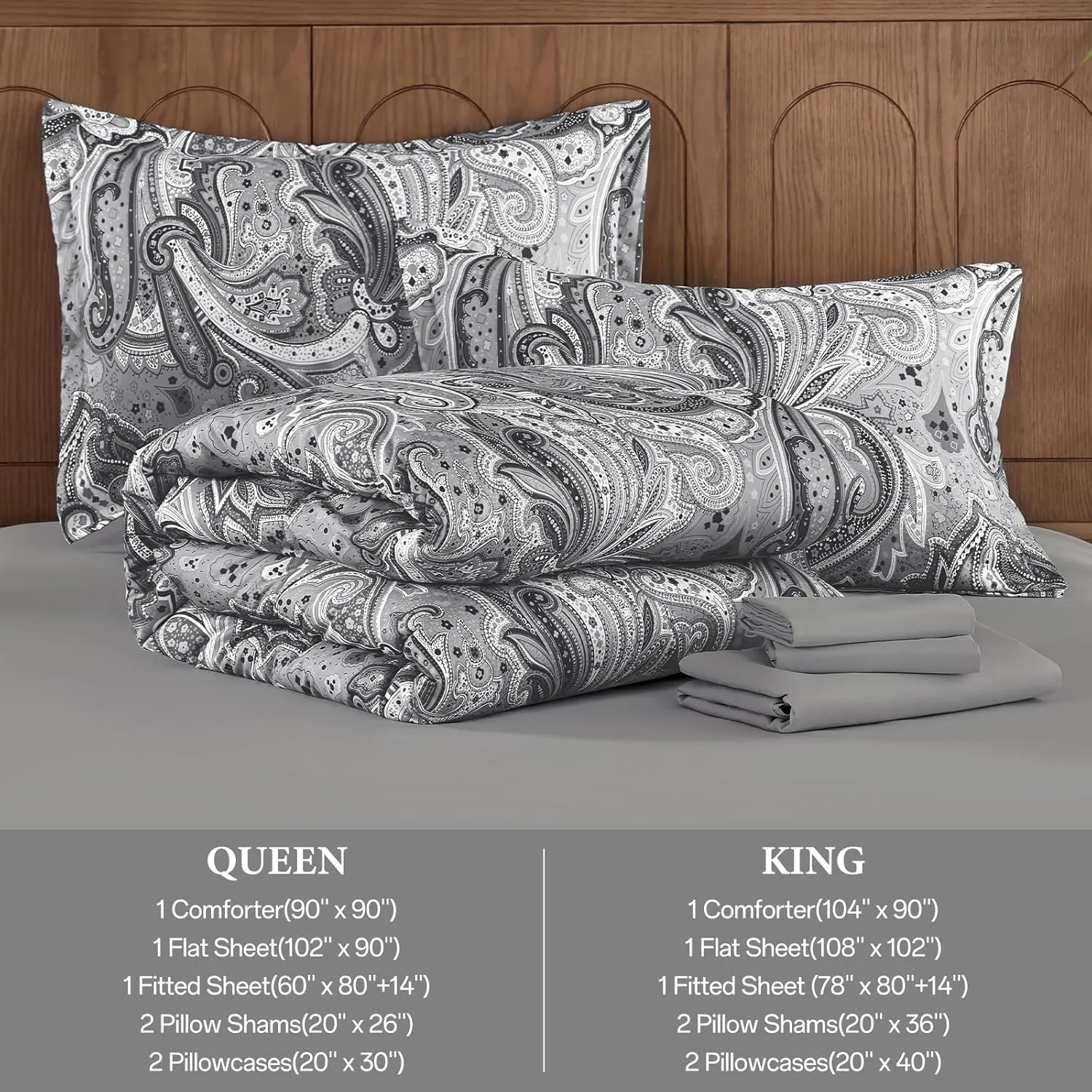 Grey Paisley Comforter Set Queen, 7 Piece Boho Paisley Dark Gray Bed in a Bag Comforter Set, Soft Microfiber Complete Bedding Set for All Season (90''x90)