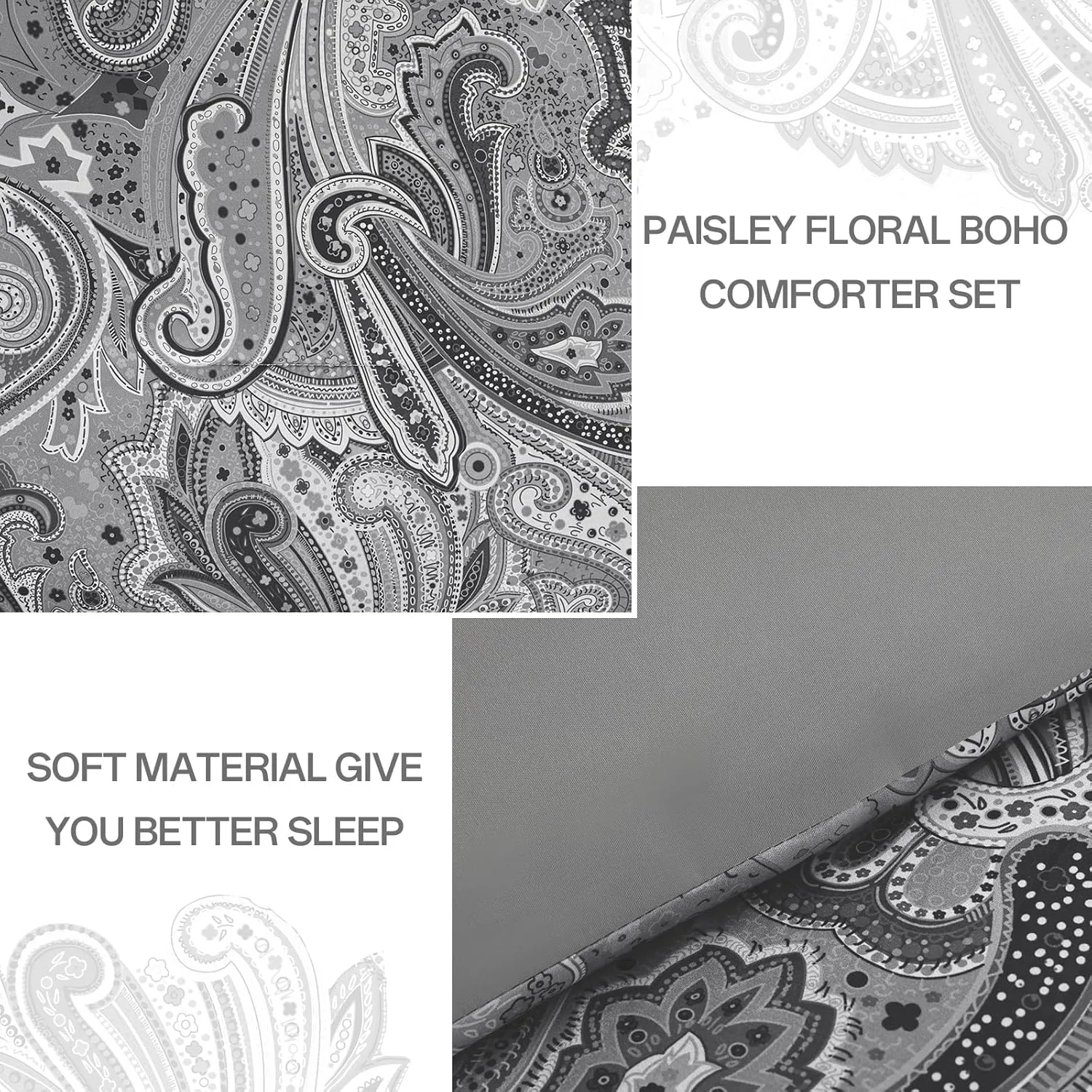 Grey Paisley Comforter Set Queen, 7 Piece Boho Paisley Dark Gray Bed in a Bag Comforter Set, Soft Microfiber Complete Bedding Set for All Season (90''x90)
