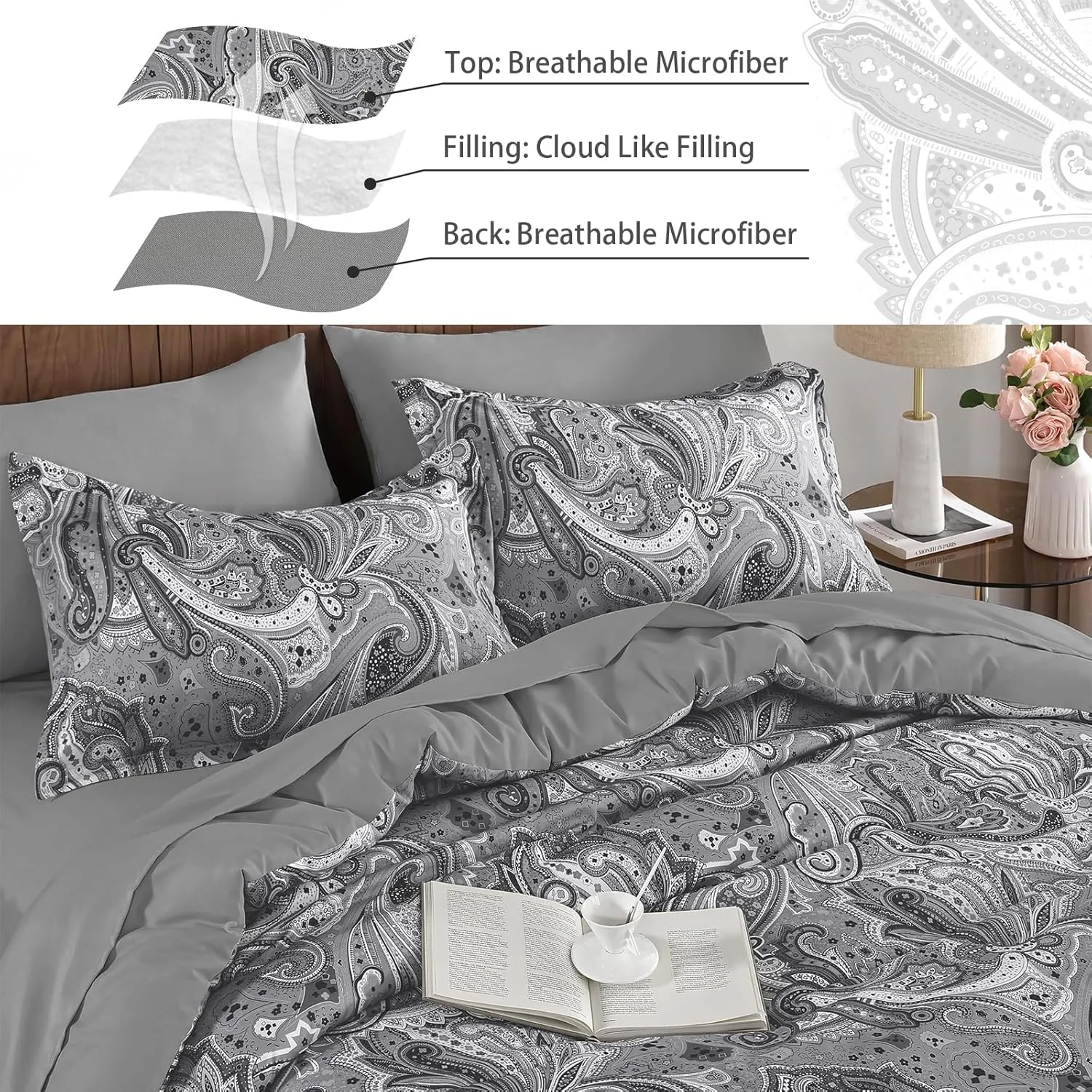 Grey Paisley Comforter Set Queen, 7 Piece Boho Paisley Dark Gray Bed in a Bag Comforter Set, Soft Microfiber Complete Bedding Set for All Season (90''x90)