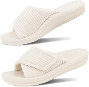 GRITHEIM Women's Orthopedic Arch Support Slippers Fuzzy Adjustable Orthotic Slippers for Plantar Fasciitis Ladies Furry Supportive Corduroy Memory Foam Open Toe Gift Slide