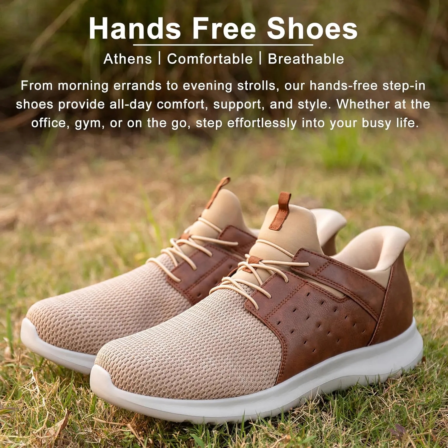 Hands Free Slip On Shoes for Men Walking Casual Sneaker Arch Support Memory Foam Mesh Light Cushioning Fashion Breathable Stylish Black White Tan Grey