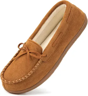 HomeTop Women's Moccasins House Slippers Indoor Outdoor Suede Faux Fur Rubber Sole Memory Foam House Shoes Sizes Breathable Microsuede Soft Home Slippers