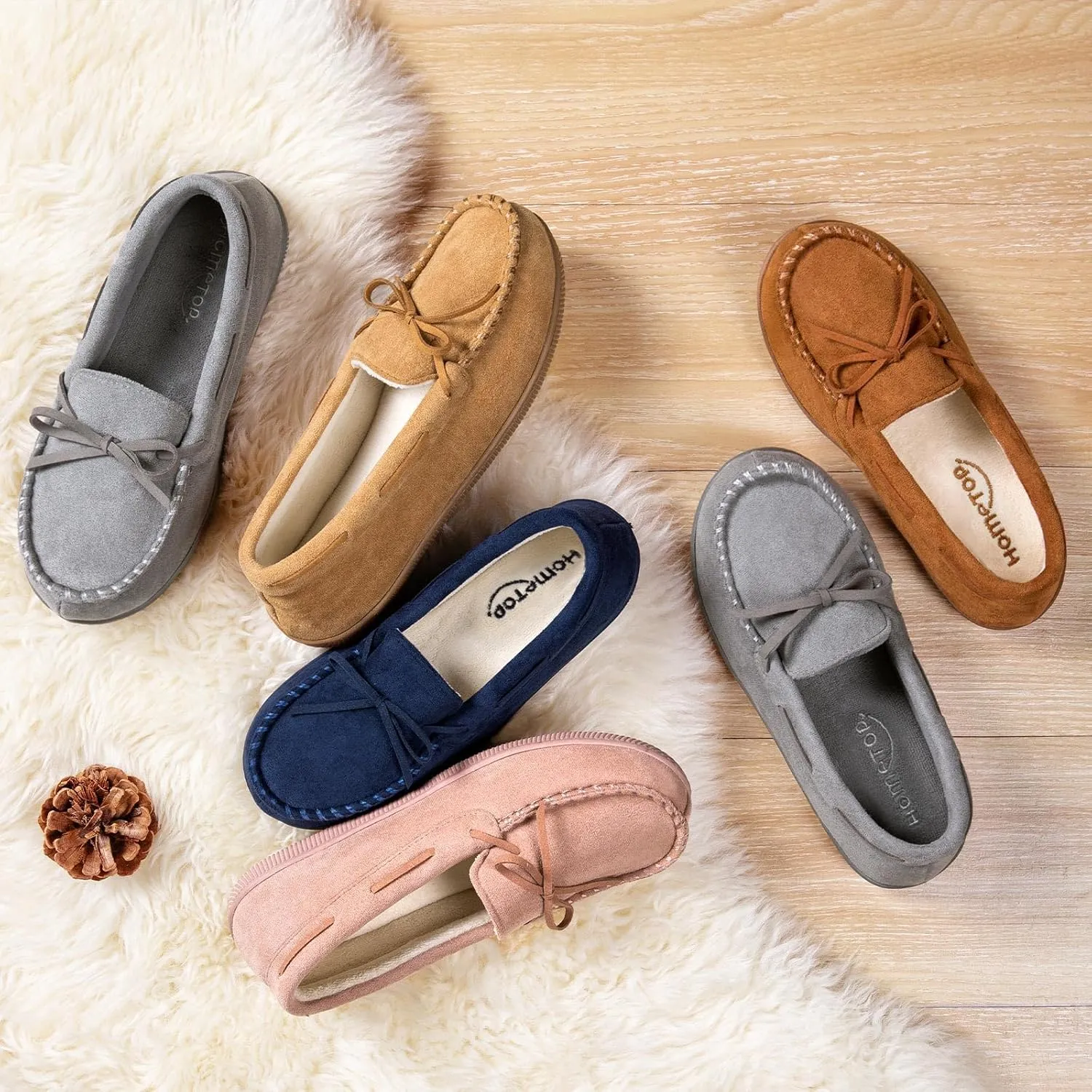 HomeTop Women's Moccasins House Slippers Indoor Outdoor Suede Faux Fur Rubber Sole Memory Foam House Shoes Sizes Breathable Microsuede Soft Home Slippers