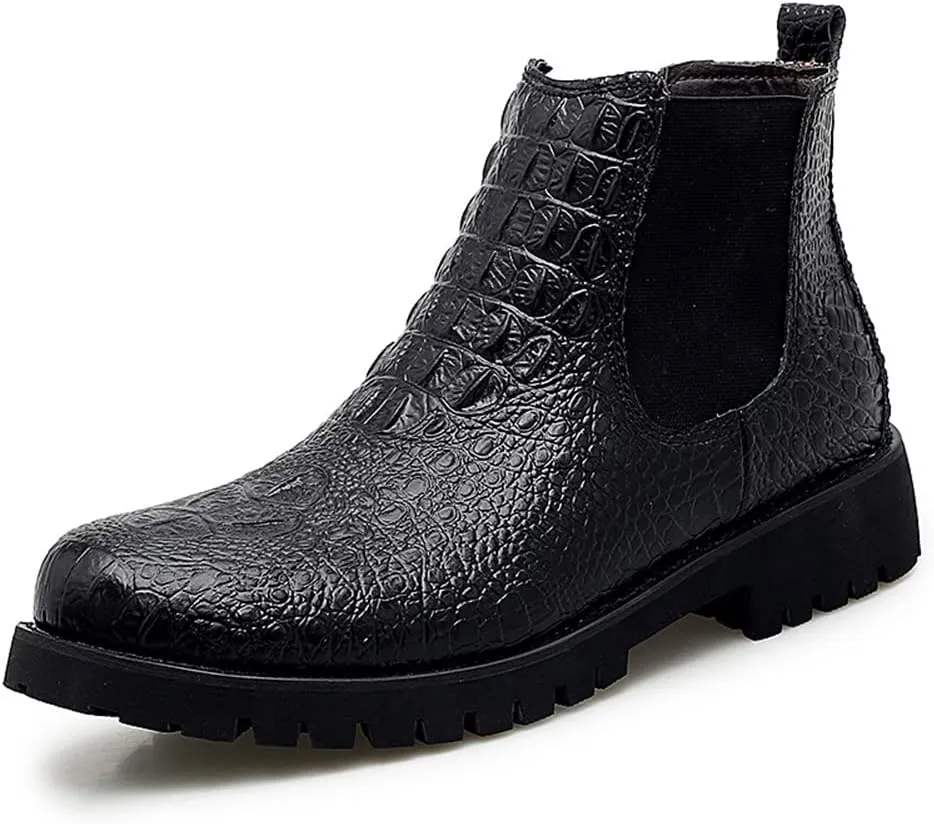 HOOENG Chelsea Boots for Men Crocodile Print Elastic Bandage Cowhide Leather Waterproof Slip on Wearable Non Slip Casual (Color : Black, Size : 10)