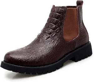 HOOENG Chelsea Boots for Men Crocodile Print Elastic Bandage Cowhide Leather Waterproof Slip on Wearable Non Slip Casual (Color : Brown, Size : 6.5)