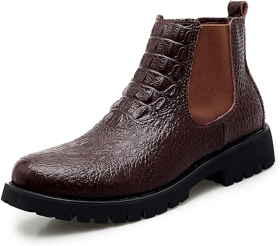 HOOENG Chelsea Boots for Men Crocodile Print Elastic Bandage Cowhide Leather Waterproof Slip on Wearable Non Slip Casual (Color : Brown, Size : 6.5)