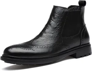 HOOENG Chelsea Boots for Men Elastic Bandage Carved Brogue Win Tip Crocodile Print Cowhide Leather Non Slip Wearable Anti-Slip Slip on Formal (Color : Black, Size : 6.5)