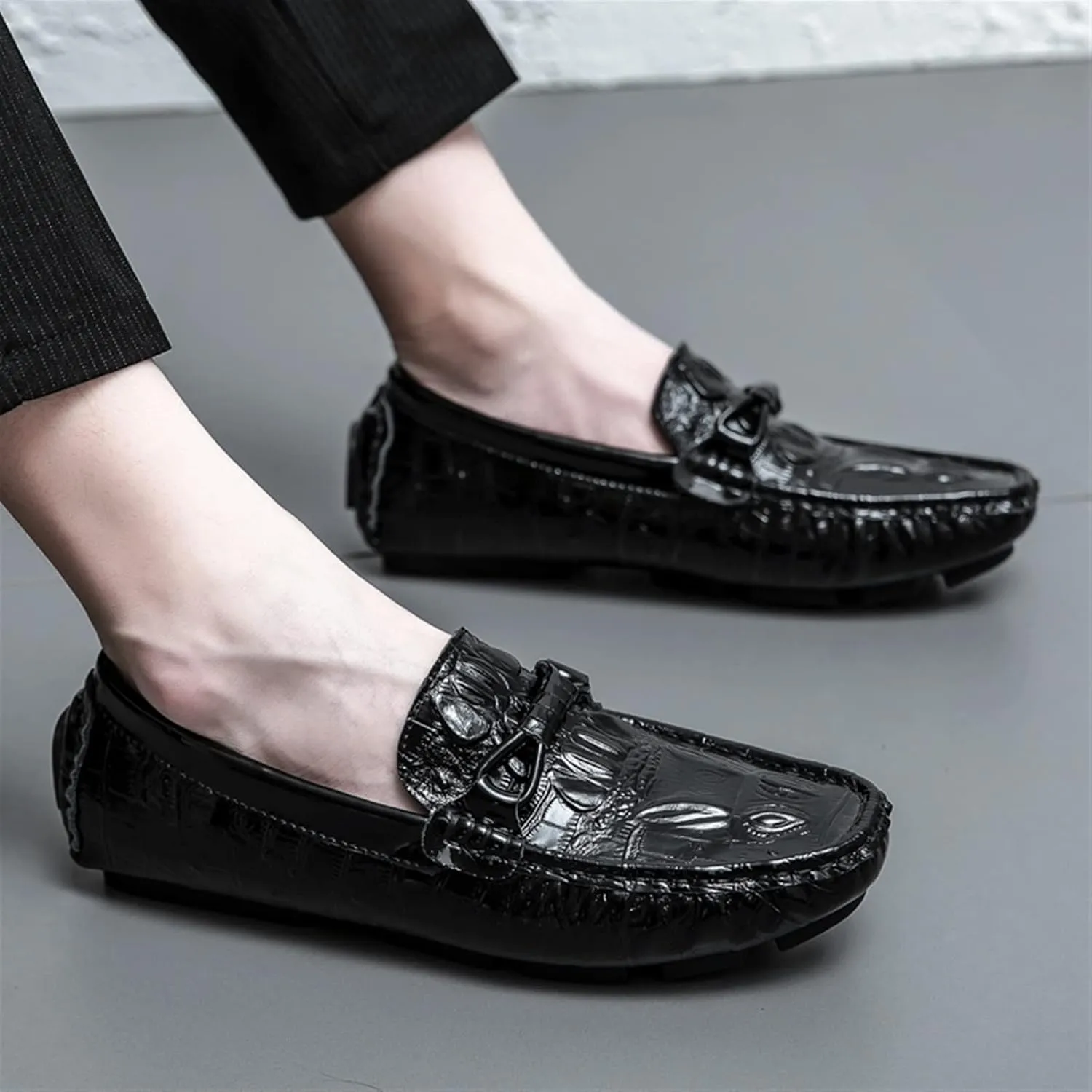 HOOENG Smoking Loafer Driving Moccasins for Men Slip On Faux Crocodile Print Slip Resistant Driving Loafers Leather Resistant Flexible Anti-Slip Driving