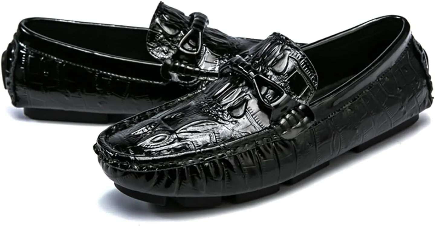 HOOENG Smoking Loafer Driving Moccasins for Men Slip On Faux Crocodile Print Slip Resistant Driving Loafers Leather Resistant Flexible Anti-Slip Driving