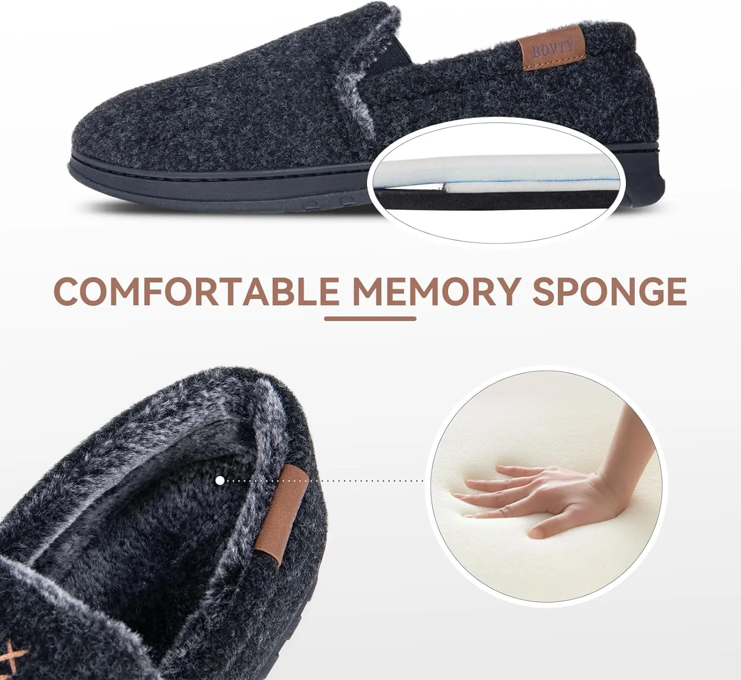 House Slippers for Men Moccasins - Memory Foam Indoor Outdoor Slip-on Loafers with Warm Soft Wool