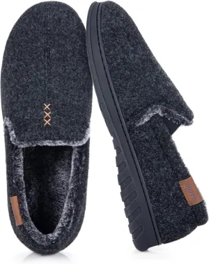 House Slippers for Men Moccasins - Memory Foam Indoor Outdoor Slip-on Loafers with Warm Soft Wool
