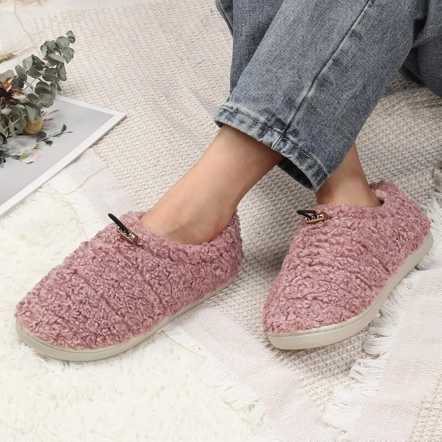 Ibeauti Womens Slippers Memory Foam Fuzzy Loafer Slippers for Indoor Outdoor House Shoes with Drawstring