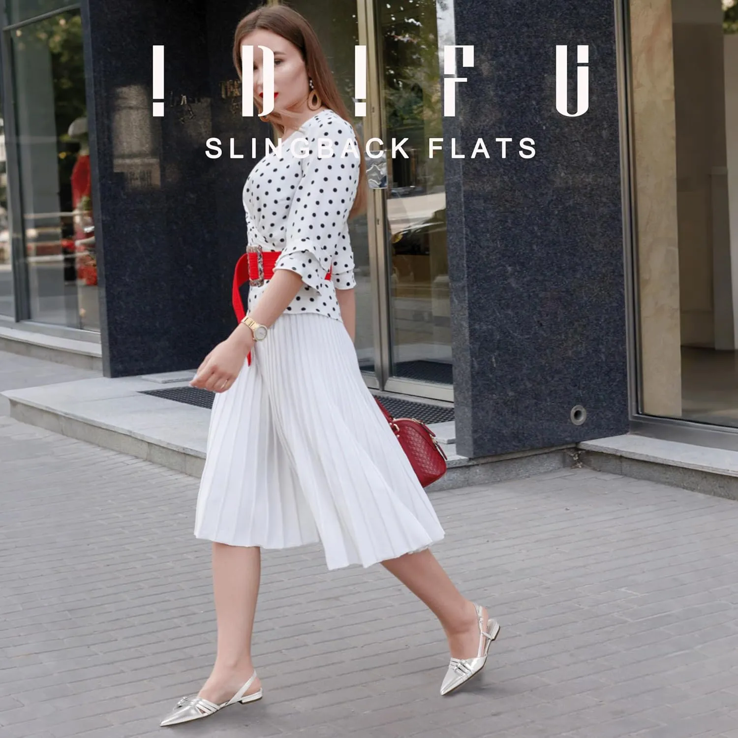 IDIFU Slingback Flats for Women Pointed Toe Ballet Flats Shoes Women Dressy Comfortable Casual Flat Dress Shoes for Women Office Work Wedding Bridal Cute Fashion Slip on Buckle Flats