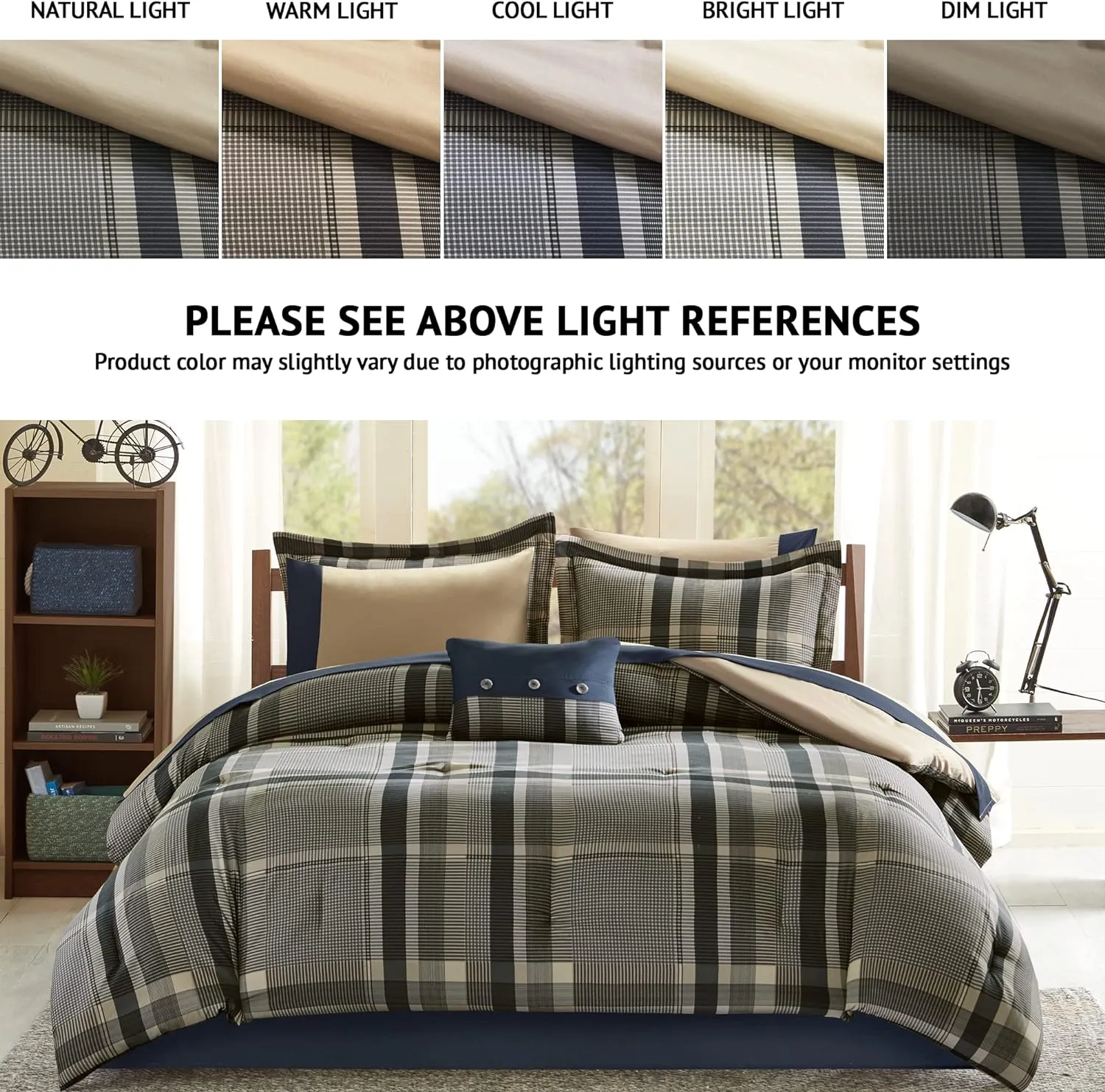 Intelligent Design Robbie Cozy Comforter Set Bed in A Bag, Modern Casual All Season Bedding Set, Matching Sham, Decorative Pillow, Navy/Tan, Full, 9 Piece