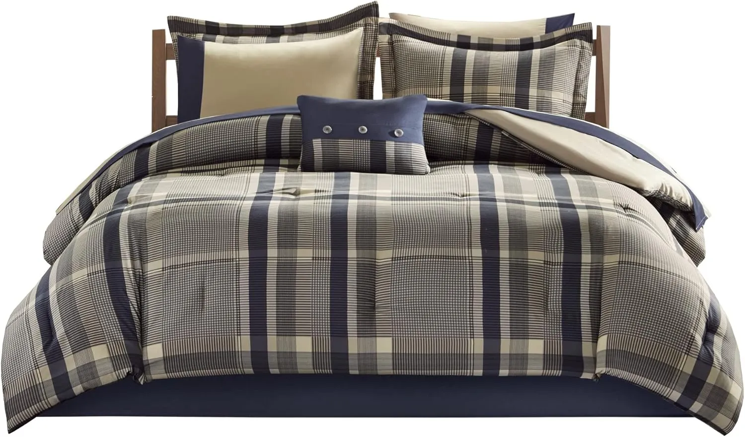 Intelligent Design Robbie Cozy Comforter Set Bed in A Bag, Modern Casual All Season Bedding Set, Matching Sham, Decorative Pillow, Navy/Tan, Full, 9 Piece