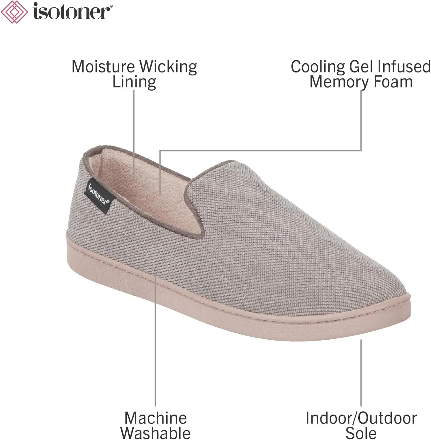 isotoner Men's Diamond Corduroy Slippers-Gel Memory Foam Moccasin, Washable, Moisture-Wicking Lining