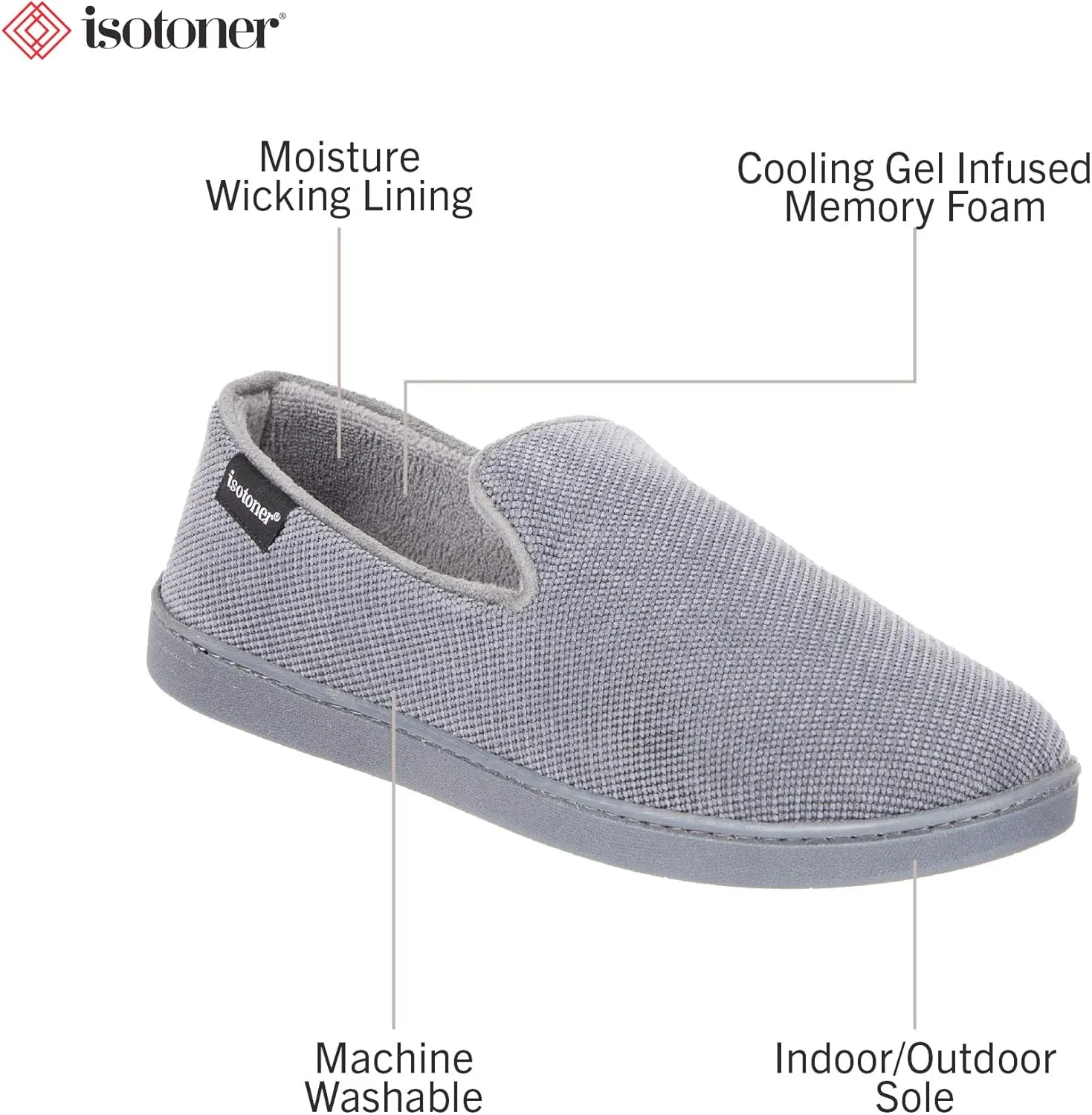 isotoner Men's Diamond Corduroy Slippers-Gel Memory Foam Moccasin, Washable, Moisture-Wicking Lining