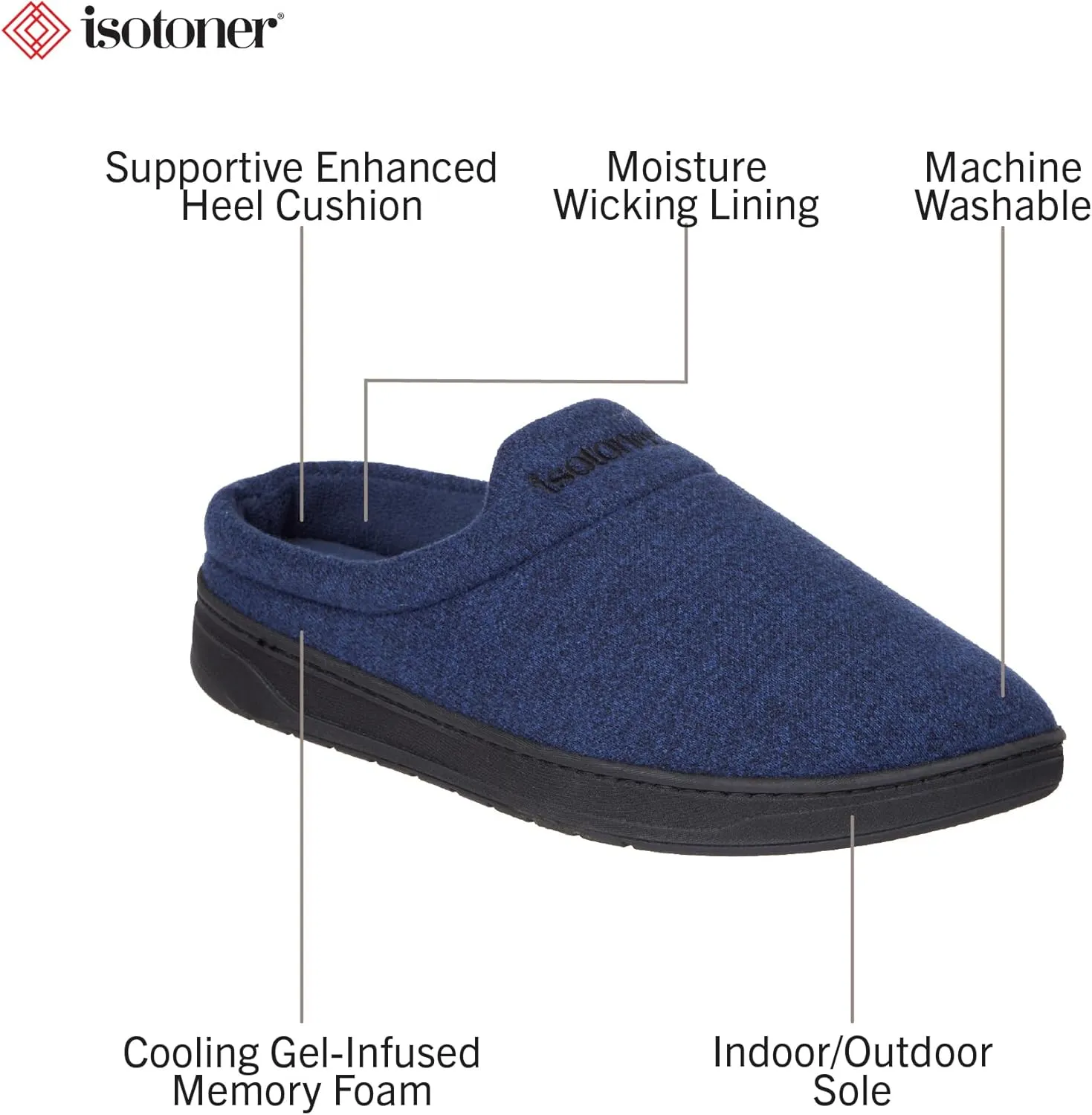isotoner Men's Heathered Knit Brady Clog Slipper, Memory Foam, Enhanced Heel Cushion, Indoor/Outdoor Outsole