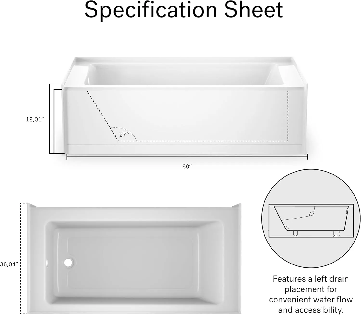 Jacuzzi SIGNATURE Acrylic Skirted Bathtub, Soaking Sanctuary, Slip Resistant, Left Drain Placement, 60" (L) x 36" (W), Rectangle Flat Front, Access Panel, White