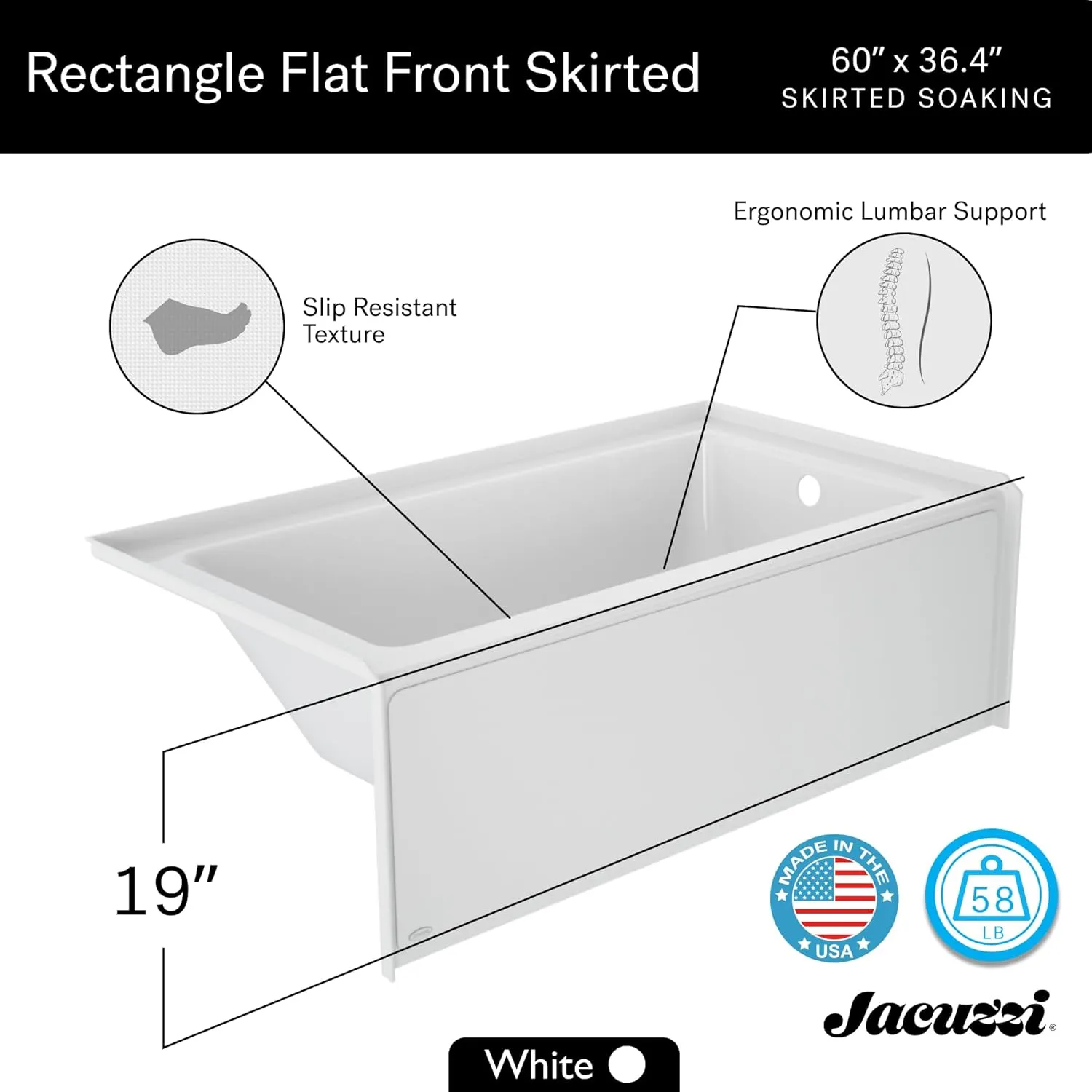 Jacuzzi SIGNATURE Acrylic Skirted Bathtub, Soaking Sanctuary, Slip Resistant, Left Drain Placement, 60" (L) x 36" (W), Rectangle Flat Front, Access Panel, White