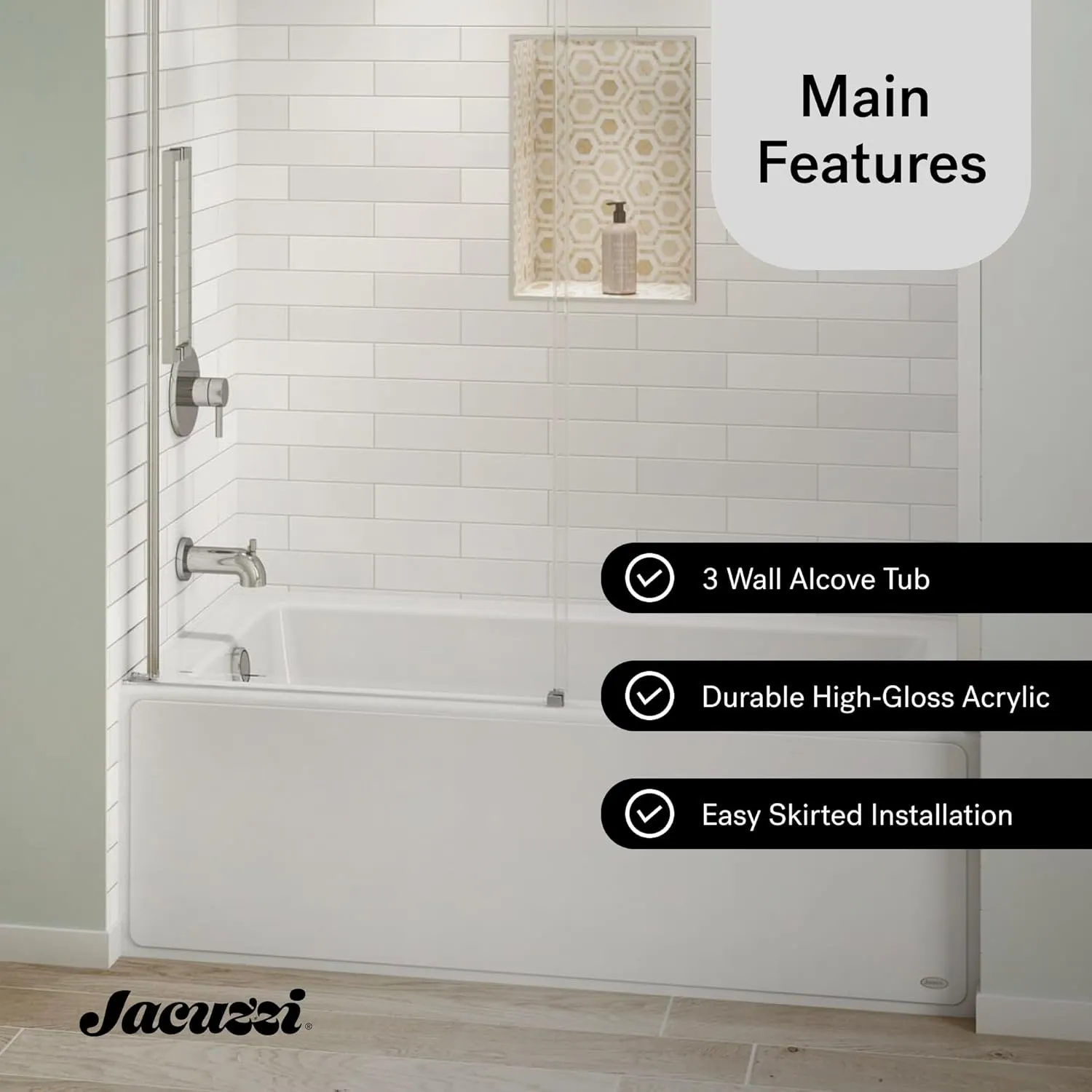 Jacuzzi SIGNATURE Acrylic Skirted Bathtub, Soaking Sanctuary, Slip Resistant, Left Drain Placement, 60" (L) x 36" (W), Rectangle Flat Front, Access Panel, White