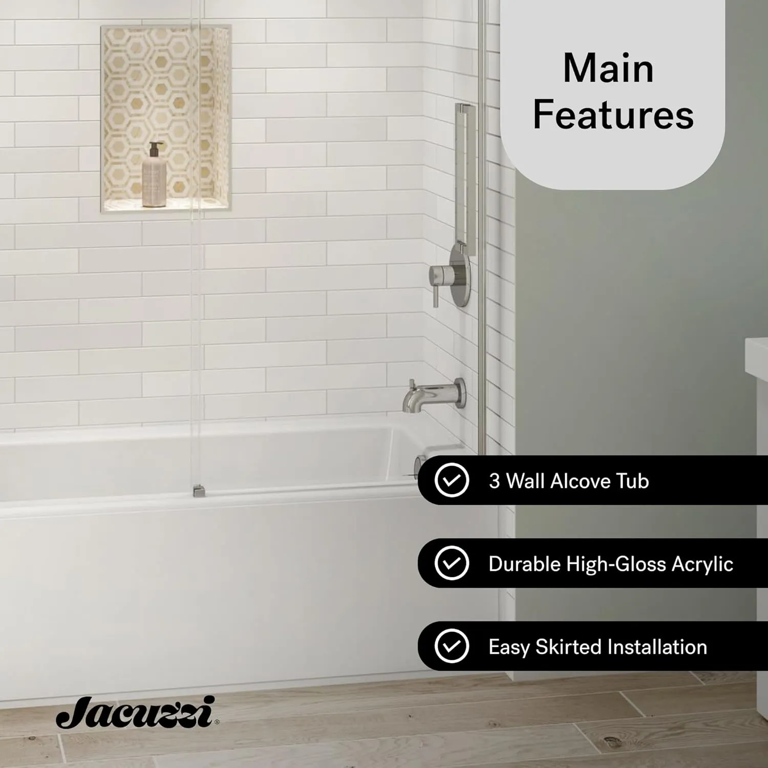 Jacuzzi SIGNATURE Acrylic Skirted Bathtub, Soaking Sanctuary, Slip Resistant, Right Drain Placement, 60" (L) x 30" (W), Rectangle Flat Front, White