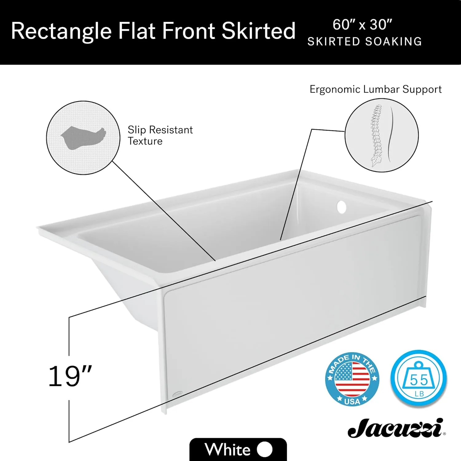 Jacuzzi SIGNATURE Acrylic Skirted Bathtub, Soaking Sanctuary, Slip Resistant, Right Drain Placement, 60" (L) x 30" (W), Rectangle Flat Front, White