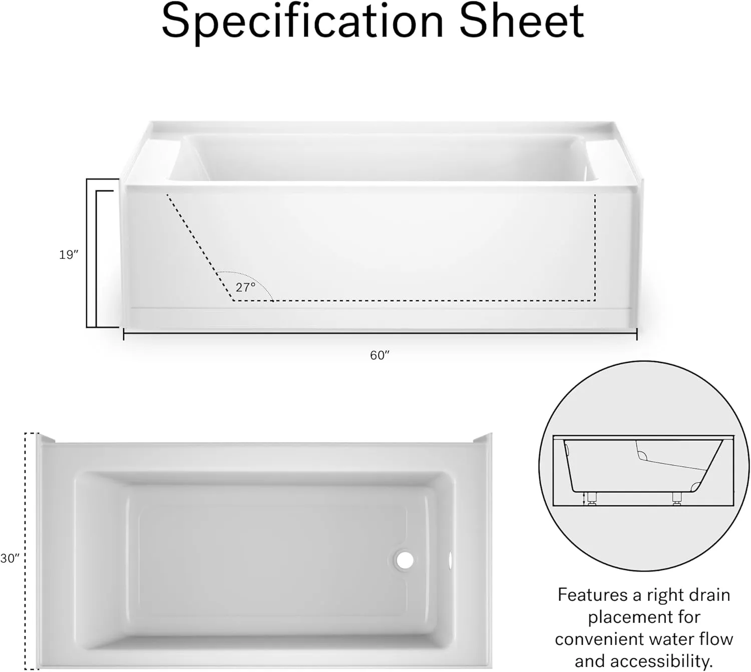 Jacuzzi SIGNATURE Acrylic Skirted Bathtub, Soaking Sanctuary, Slip Resistant, Right Drain Placement, 60" (L) x 30" (W), Rectangle Flat Front, White