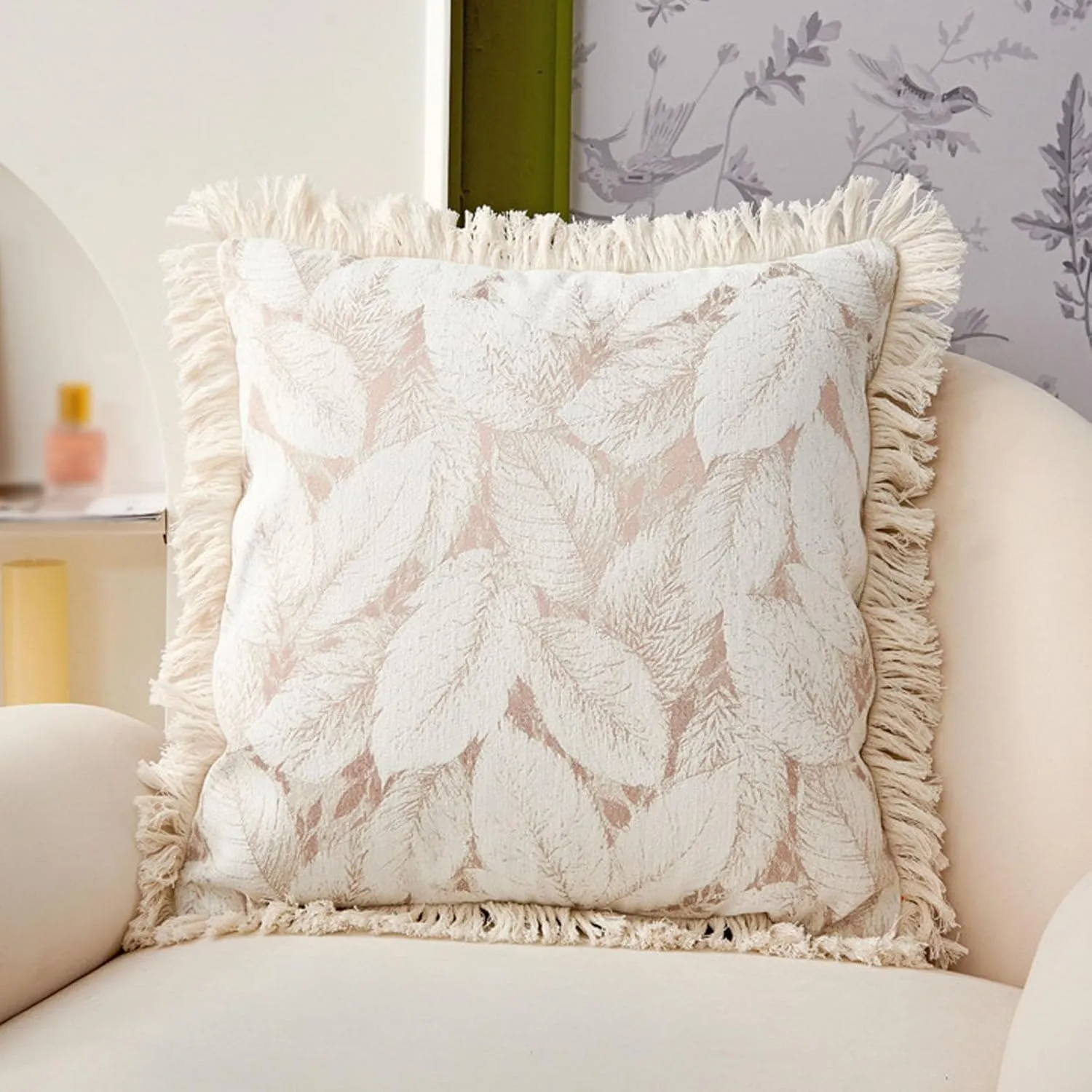JadeRich 1 Pack Linen Throw Pillow Cover Leaf Tassel Cushion Case Boho Style Square Pillowcase for Couch Sofa Bed