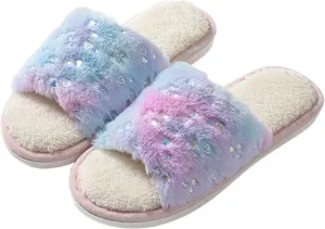 JadeRich Women's Fuzzy Tie Dye Open Toe Slippers Fluffy Faux Fur Slip on Plush Home Slides Sandals for Indoor Outdoor