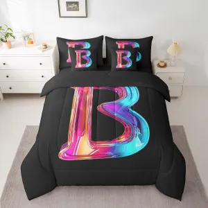 jejeloiu Letter B Twin Comforter Set with Sheets Twin Size Alphabet Theme 7 Pieces Bedding Set for Kids Boys Girls Teens Pastel Purple Blue Black Bed in a Bag Colorful Bed Set