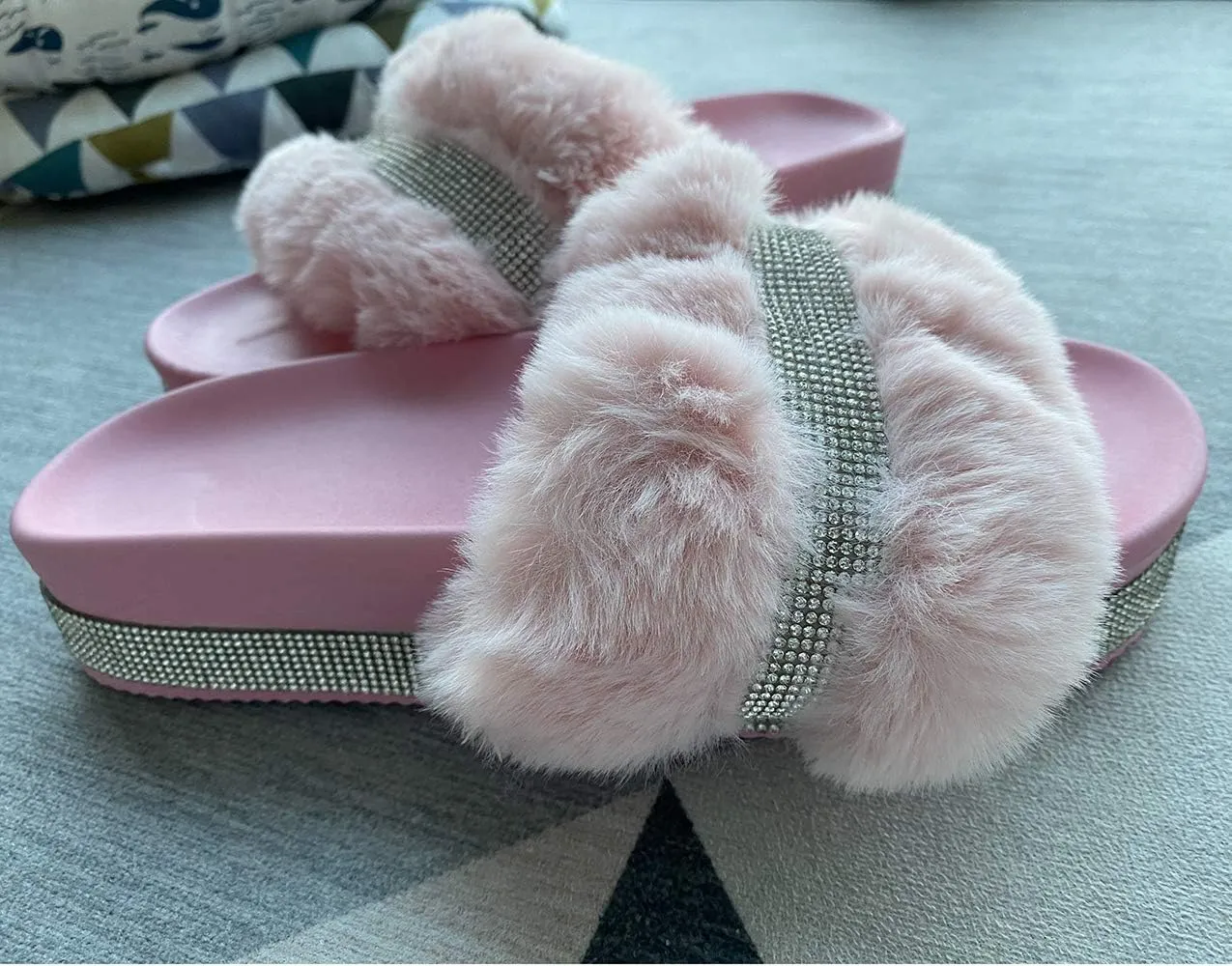 JITUUE light Slide Slippers for women Slip On heel Flats Platform with Faux Fur Rhinestone Outdoor Indoor Open Toe Sandals