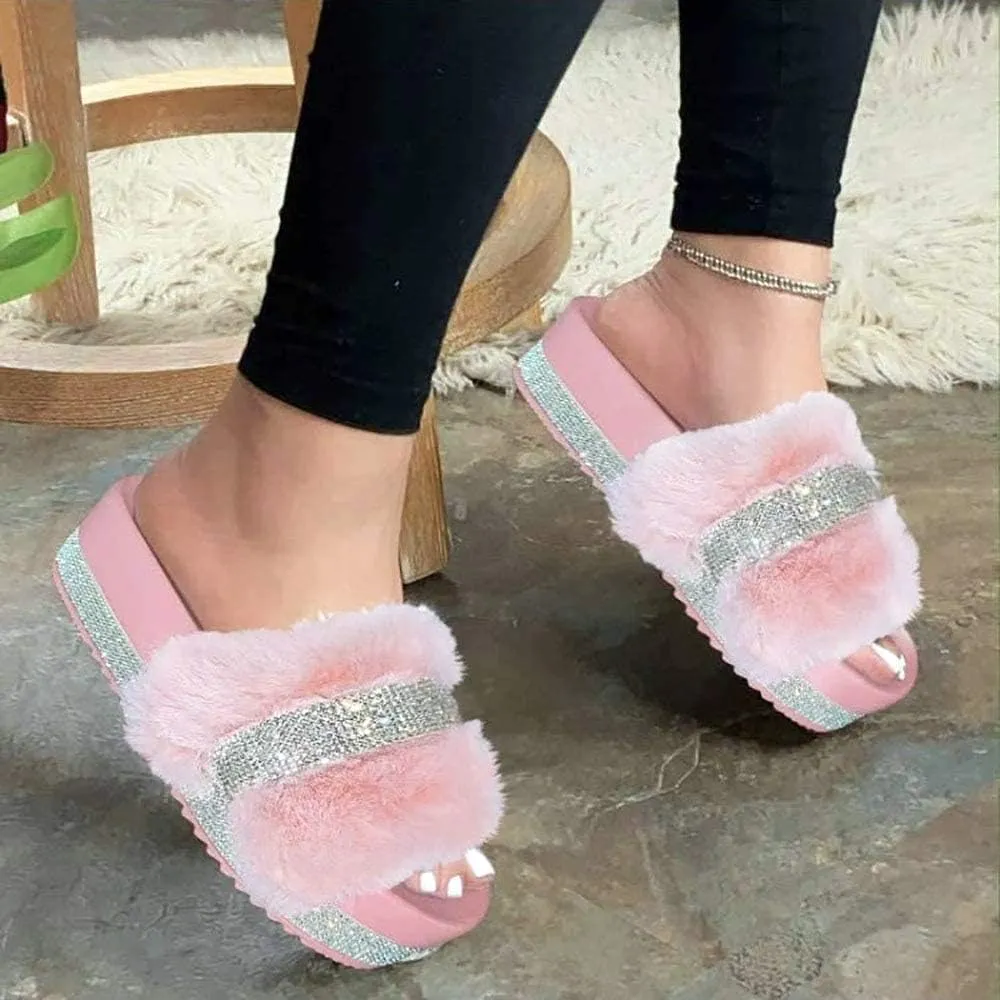 JITUUE light Slide Slippers for women Slip On heel Flats Platform with Faux Fur Rhinestone Outdoor Indoor Open Toe Sandals