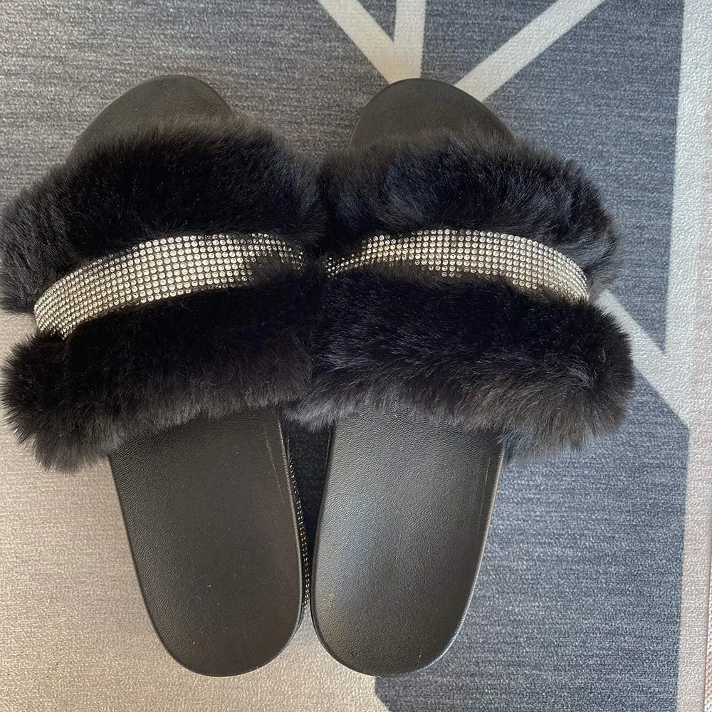 JITUUE light Slide Slippers for women Slip On heel Flats Platform with Faux Fur Rhinestone Outdoor Indoor Open Toe Sandals
