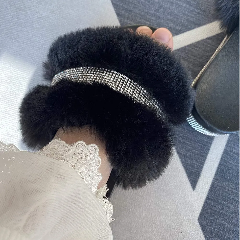 JITUUE light Slide Slippers for women Slip On heel Flats Platform with Faux Fur Rhinestone Outdoor Indoor Open Toe Sandals