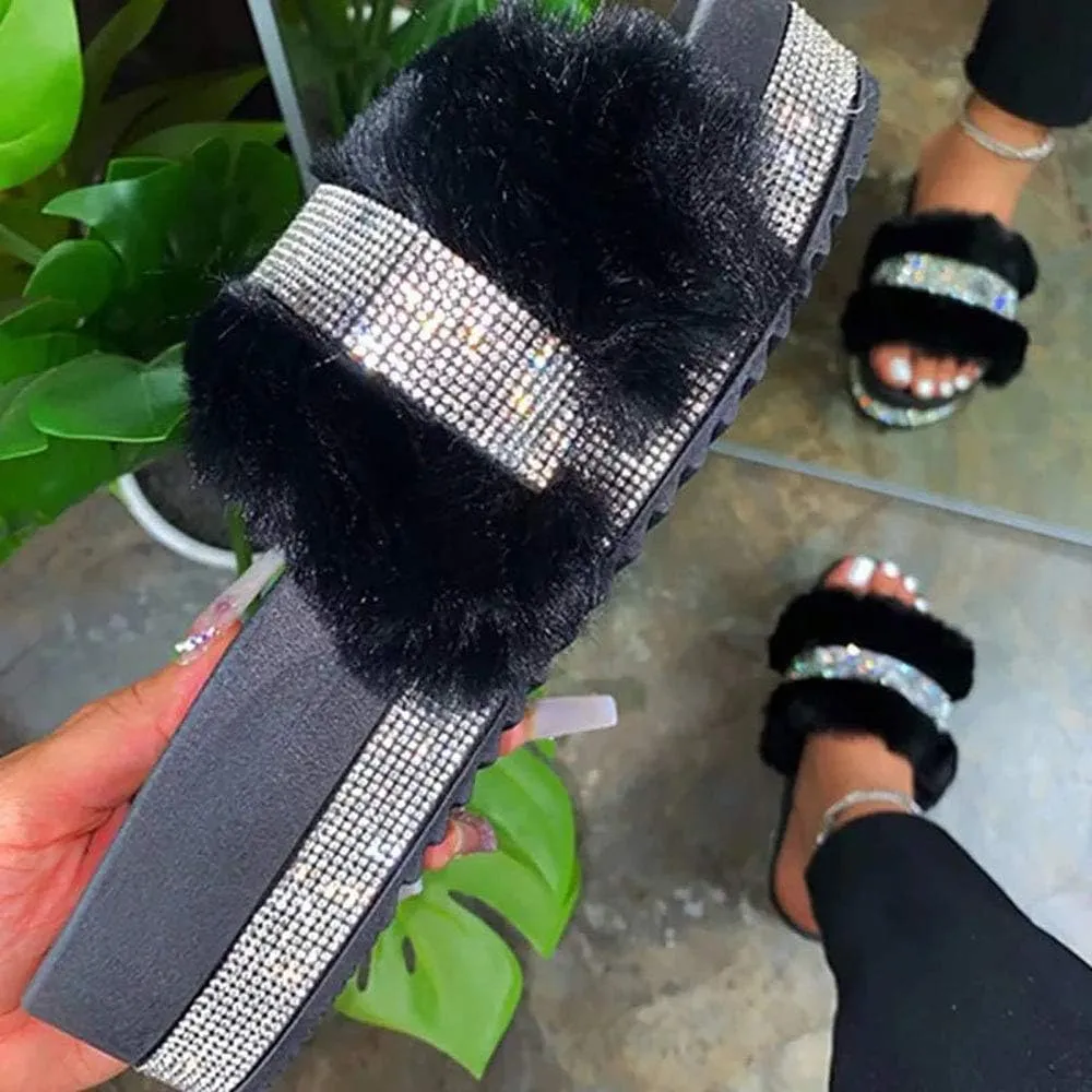 JITUUE light Slide Slippers for women Slip On heel Flats Platform with Faux Fur Rhinestone Outdoor Indoor Open Toe Sandals