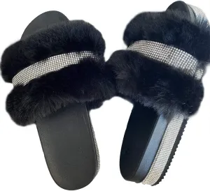 JITUUE light Slide Slippers for women Slip On heel Flats Platform with Faux Fur Rhinestone Outdoor Indoor Open Toe Sandals