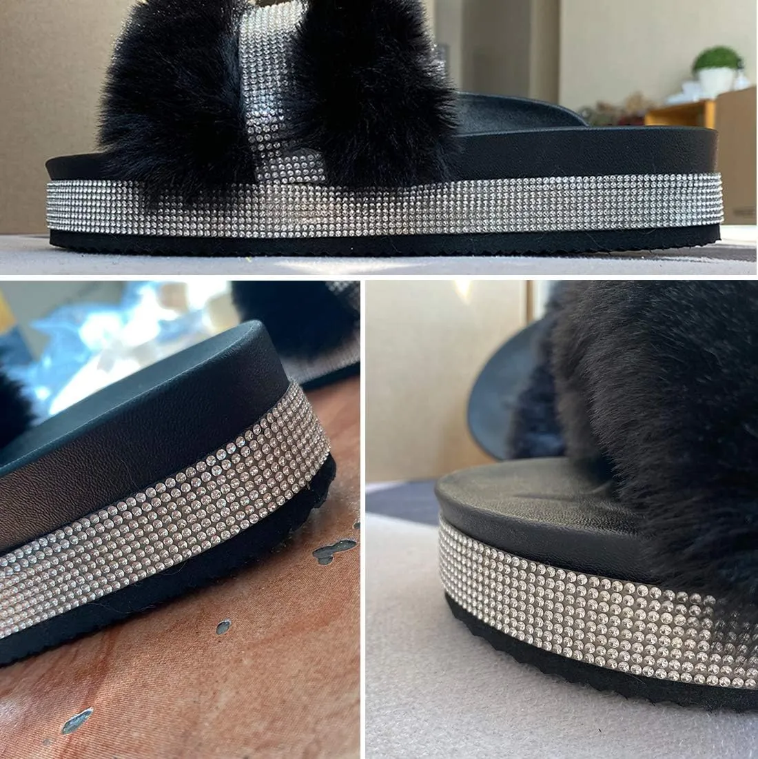 JITUUE light Slide Slippers for women Slip On heel Flats Platform with Faux Fur Rhinestone Outdoor Indoor Open Toe Sandals