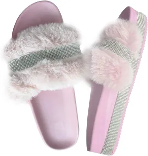 JITUUE light Slide Slippers for women Slip On heel Flats Platform with Faux Fur Rhinestone Outdoor Indoor Open Toe Sandals