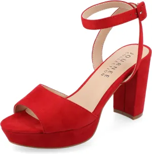 Journee Collection Open Toe Strappy Platform Pumps for Women - Nairri Ankle Strap Chunky High Block Heel Sandal - 6.5, Red