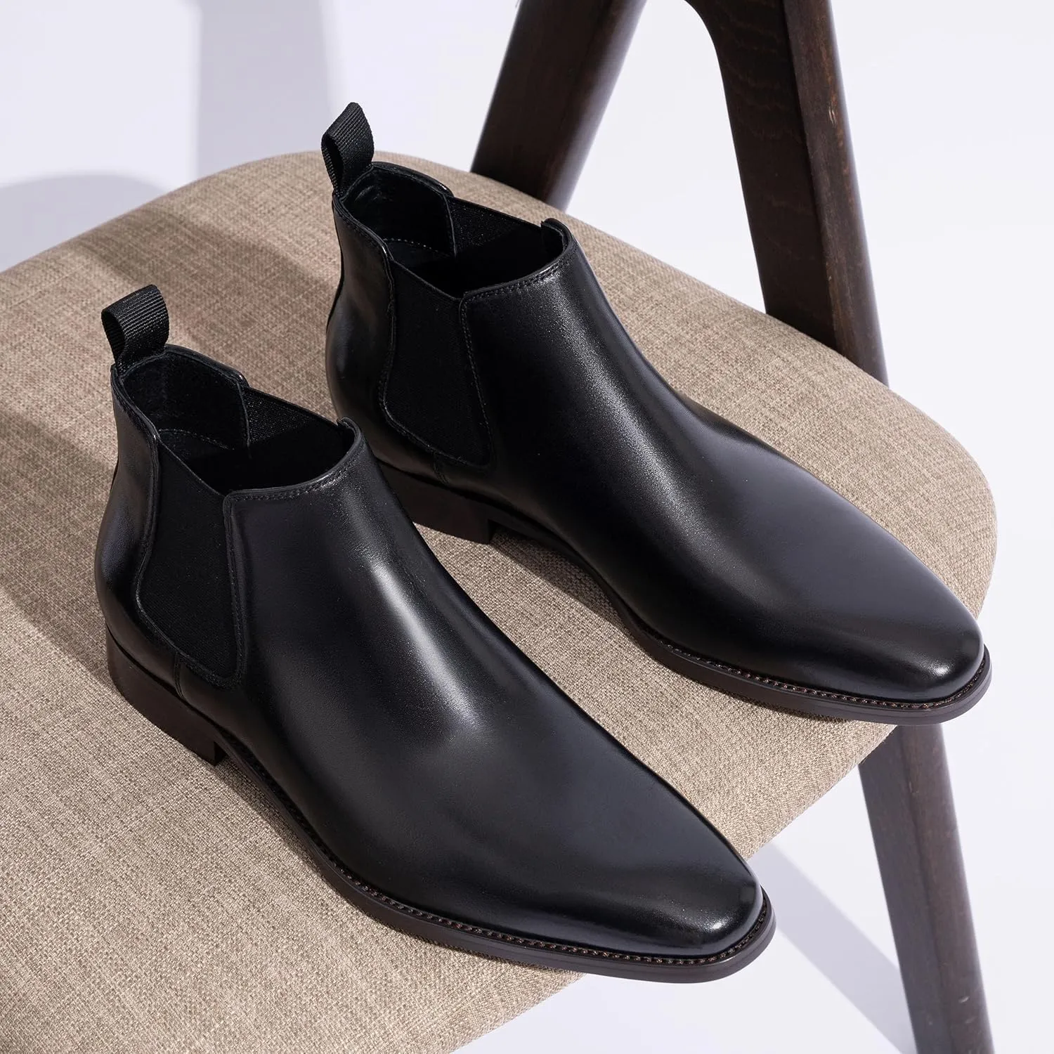 Jousen Chelsea Boots Men Polished Leather Dress Boots Stylish Classic Retro Slip On Boots for Men