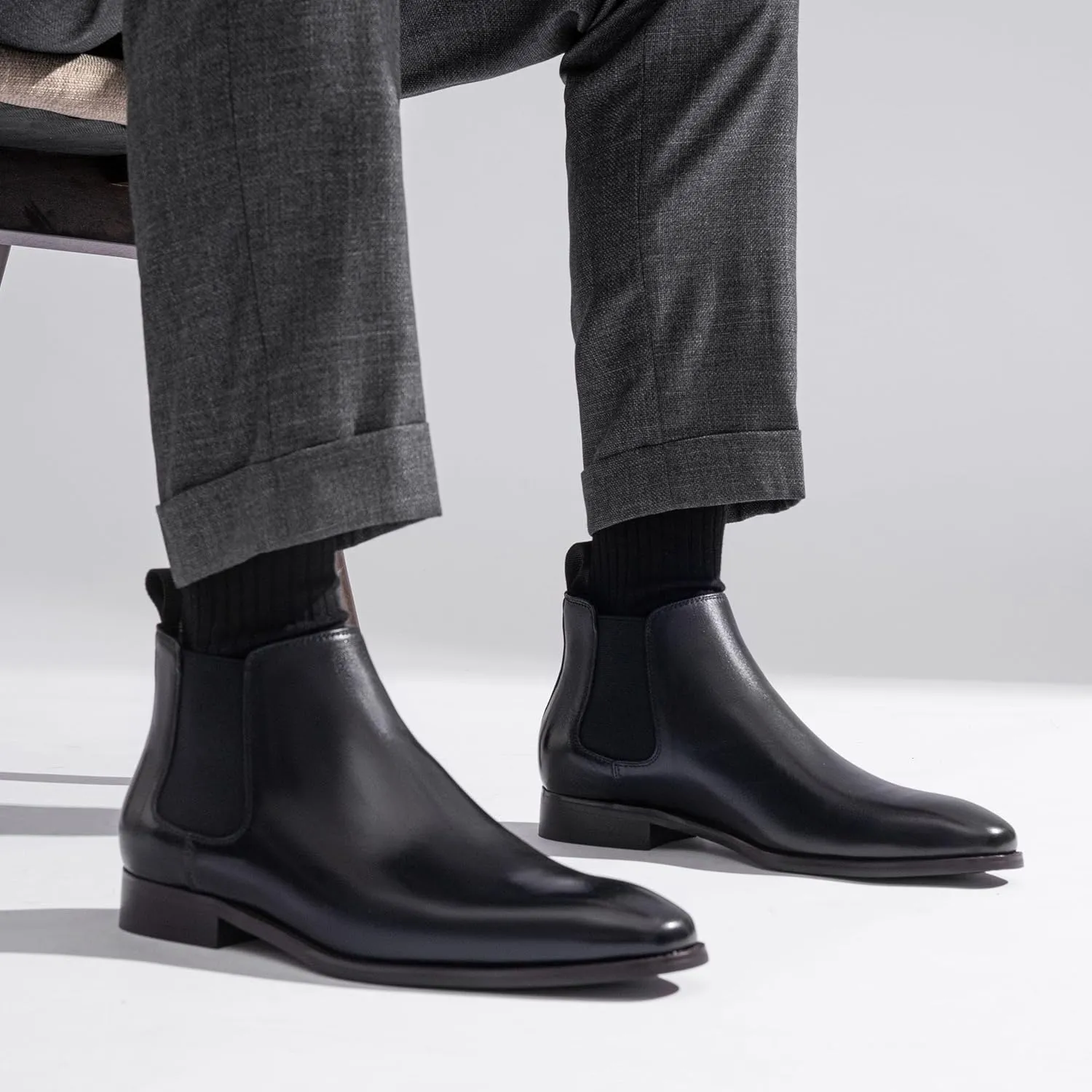 Jousen Chelsea Boots Men Polished Leather Dress Boots Stylish Classic Retro Slip On Boots for Men