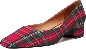 JUSTDANNI Red Plaid Womens Slip On Dress Stylish Wedding Square Toe Block Low Heel Pumps Shoes 1.5 Inch Size 8