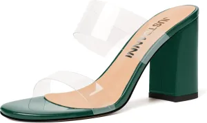 JUSTDANNI Womens Dress Clear Slip On Round Toe Stylish Evening Patent Block High Heel Heeled Sandals 3.3 Inch