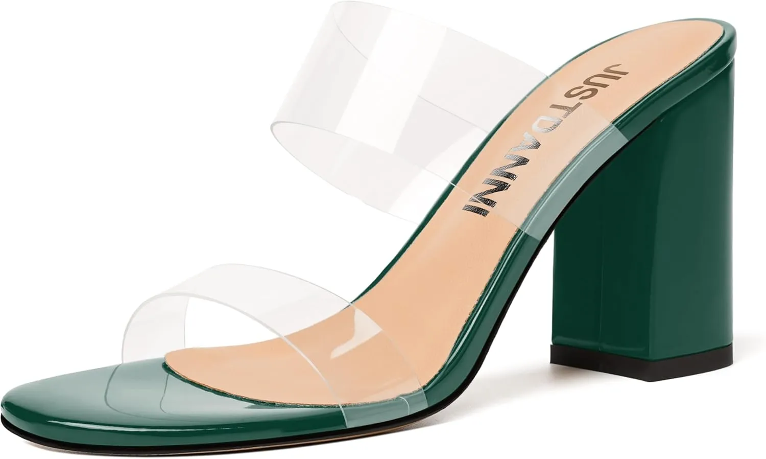JUSTDANNI Womens Dress Clear Slip On Round Toe Stylish Evening Patent Block High Heel Heeled Sandals 3.3 Inch