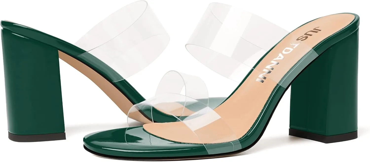 JUSTDANNI Womens Dress Clear Slip On Round Toe Stylish Evening Patent Block High Heel Heeled Sandals 3.3 Inch