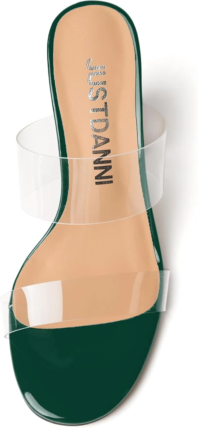 JUSTDANNI Womens Dress Clear Slip On Round Toe Stylish Evening Patent Block High Heel Heeled Sandals 3.3 Inch